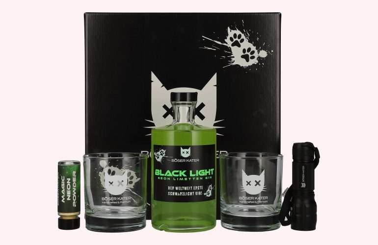 BÖSER KATER Black Light Neon Limetten Gin 40% Vol. 0,5l en boîte cadeau avec UV-Taschenlampe & Verres