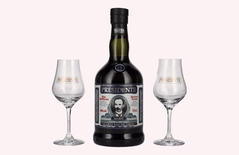 Presidente Marti 19 Sistema Solera 40% Vol. 0,7l en boîte cadeau avec 2 Verres