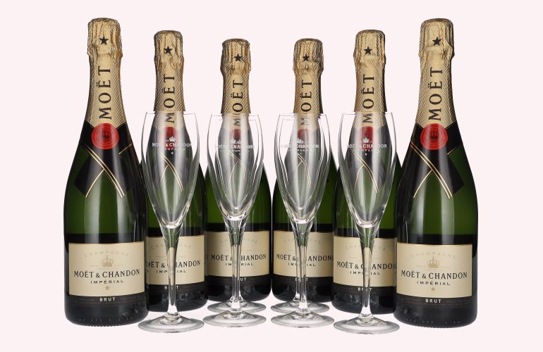 Moët & Chandon Champagne IMPÉRIAL Brut 12% Vol. 6x0,75l en boîte cadeau avec 6 Verres