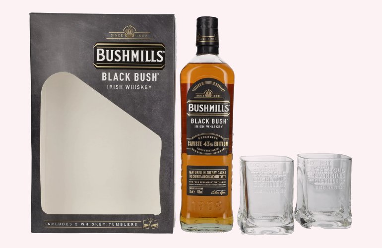 Bushmills BLACK BUSH Irish Whiskey Caviste Edition 43% Vol. 0,7l en boîte cadeau avec 2 Verres