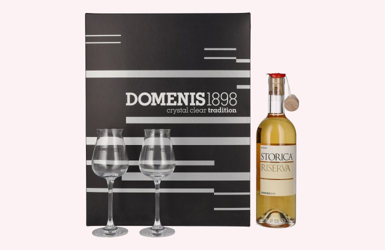 Domenis 1898 STORICA RISERVA Grappa 50% Vol. 0,5l en boîte cadeau avec 2 Verres