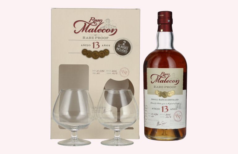 Rum Malecon Añejo 13 Años RARE PROOF 2006 50,5% Vol. 0,7l in geschenkverpakking met 2 Bril