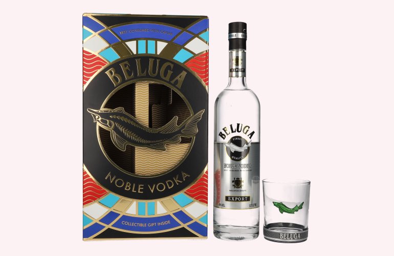 Beluga Noble Vodka EXPORT Montenegro 40% Vol. 0,7l en boîte cadeau avec Verre