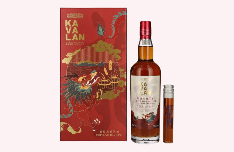 Kavalan TRIPLE SHERRY CASK Single Malt Whisky Dragon Edition 40,9% Vol. 0,7l en boîte cadeau avec 0,05l Miniatur