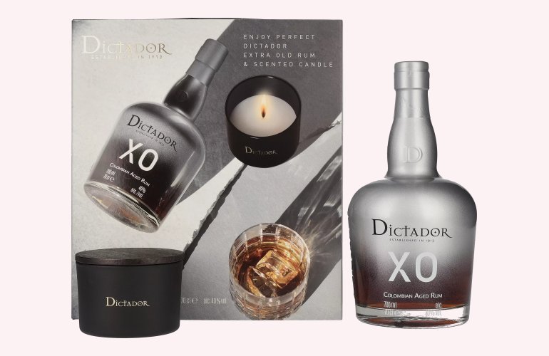 Dictador XO INSOLENT Colombian Aged Rum 40% Vol. 0,7l en boîte cadeau avec Kerze