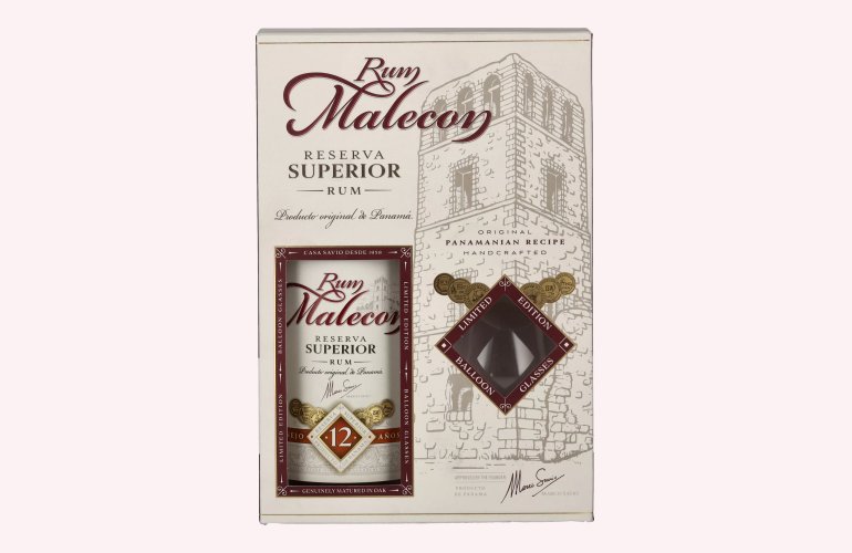 Rum Malecon Añejo 12 Años Reserva Superior 40% Vol. 0,7l en boîte cadeau avec 2 Verres