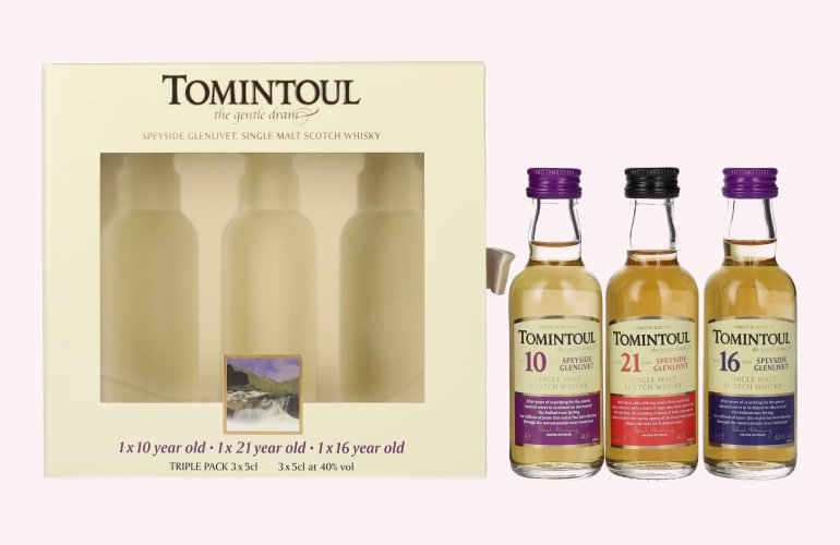 Tomintoul TRIPLE PACK (10 YO, 21 YO, 16 YO) 40% Vol. 3x0,05l in geschenkverpakking