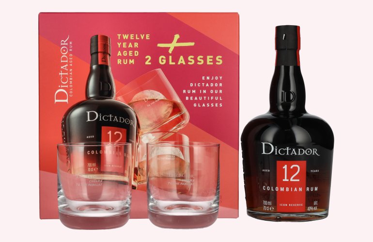 Dictador 12 Years Old ICON RESERVE Colombian Rum 40% Vol. 0,7l en boîte cadeau avec 2 Verres