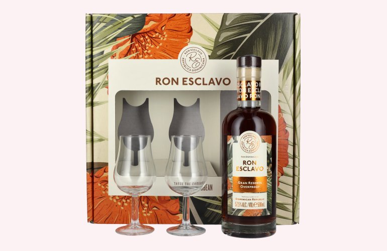 Ron Esclavo GRAN RESERVA OVERPROOF Ron Dominicana 57,5% Vol. 0,5l en boîte cadeau avec 2 Verres