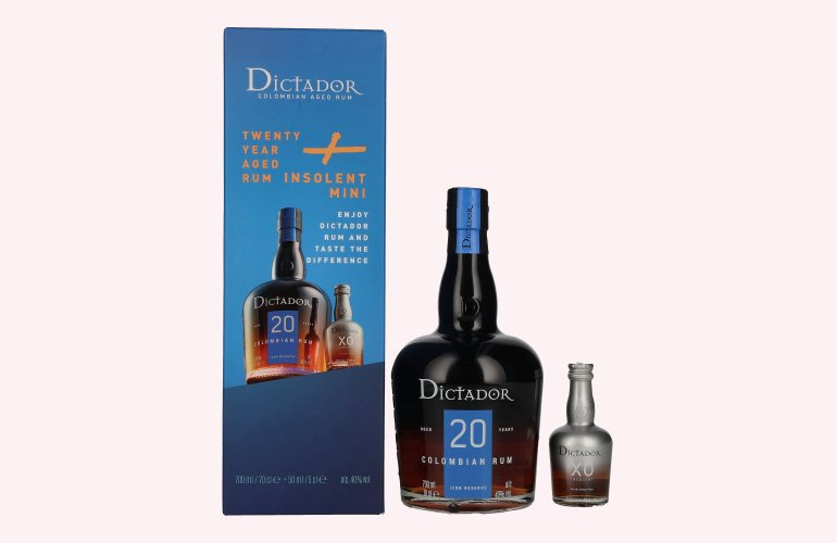 Dictador 20 Years Old ICON RESERVE Colombian Rum 40% Vol. 0,7l in Geschenkbox mit Dictador XO Insolent Miniatur 0,05l