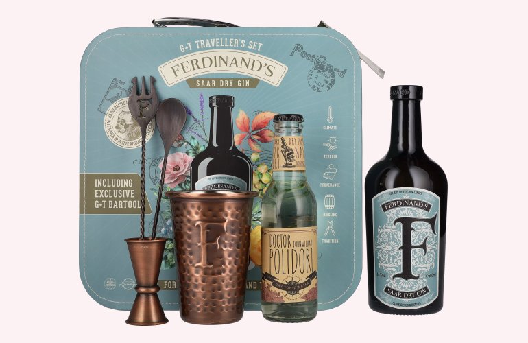 Ferdinand's Saar Dry Gin 44% Vol. 0,5l in geschenkverpakking G+T Traveller's Set met Tonic en Bartools