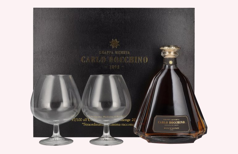 Carlo Bocchino Grappa Riserva 43% Vol. 0,7l in geschenkverpakking met 2 Bril