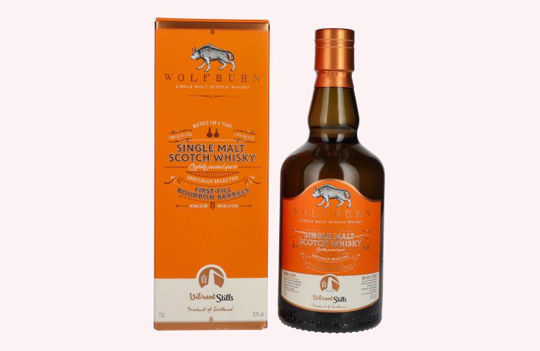 Wolfburn VIBRANT STILLS 8 Years Old Specially Selected First-Fill Bourbon Barrels 50% Vol. 0,7l en boîte cadeau