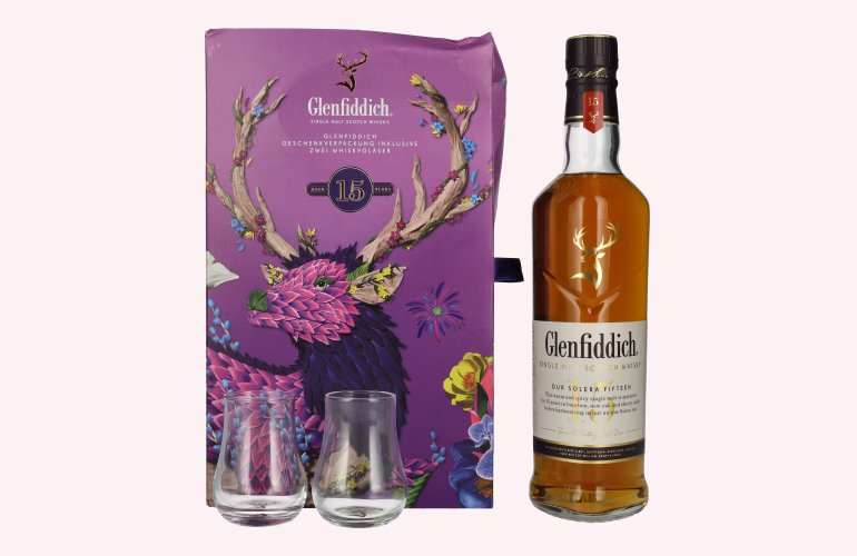 Glenfiddich 15 OUR SOLERA Single Malt Scotch Whisky 40% Vol. 0,7l en boîte cadeau avec 2 Verres