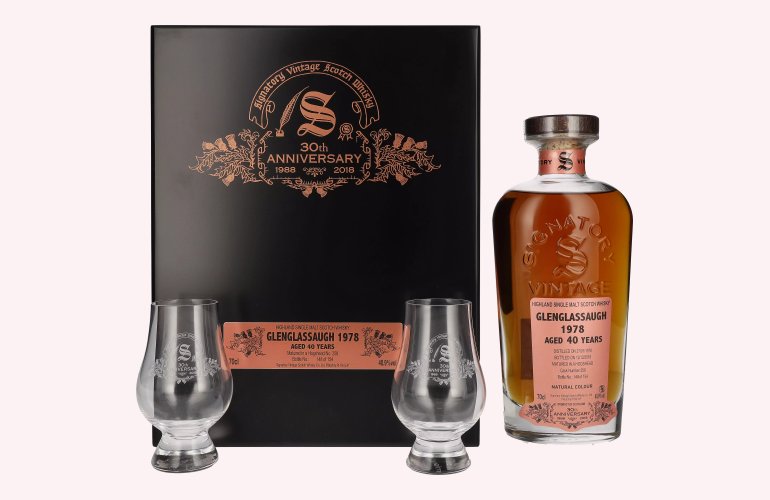 Signatory Vintage GLENGLASSAUGH 40 Years Old 30th ANNIVERSARY 1978 40,9% Vol. 0,7l in Holzkiste avec 2 Verres