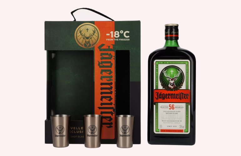 Jägermeister TRAVELLERS' EXCLUSIVE 35% Vol. 1l en boîte cadeau avec 3 Metal Shot Cups