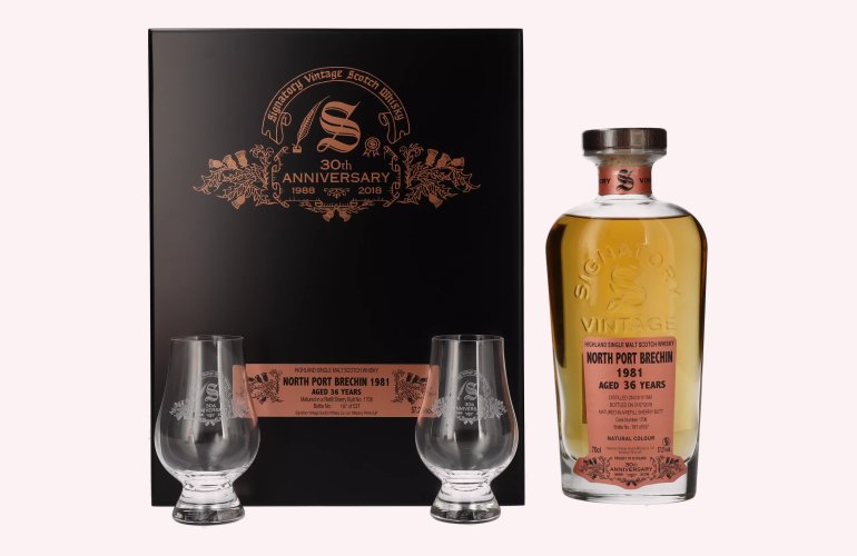 Signatory Vintage NORTH PORT BRECHIN 36 Years Old 30th ANNIVERSARY 1981 57,2% Vol. 0,7l in Holzkiste avec 2 Verres