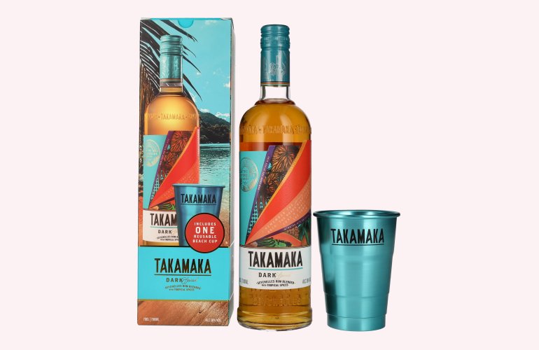 Takamaka DARK SPICED Spirit Drink 38% Vol. 0,7l in geschenkverpakking met Beach Cup