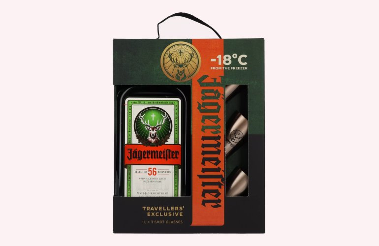 Jägermeister TRAVELLERS' EXCLUSIVE 35% Vol. 1l in geschenkverpakking met 3 Metal Shot Cups