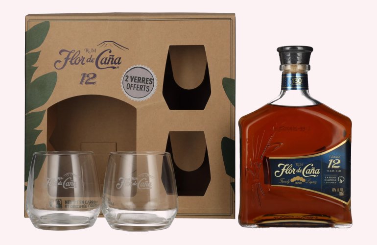 Flor de Caña Centenario 12 Years Old Rum 40% Vol. 0,7l en boîte cadeau avec 2 Verres