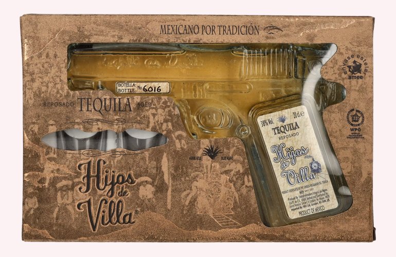 Hijos de Villa Tequila Reposado 38% Vol. 0,2l in geschenkverpakking met 2 Shotgläsern