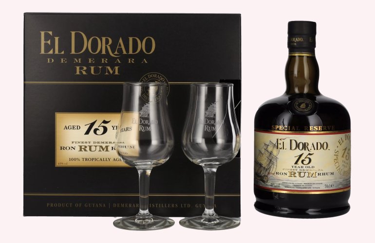 El Dorado 15 Years Old Finest Demerara Rum SPECIAL RESERVE 43% Vol. 0,7l en boîte cadeau avec 2 Verres