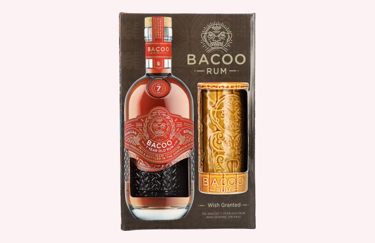 Bacoo 7 Years Old Rum 40% Vol. 0,7l in geschenkverpakking met Tiki Mug