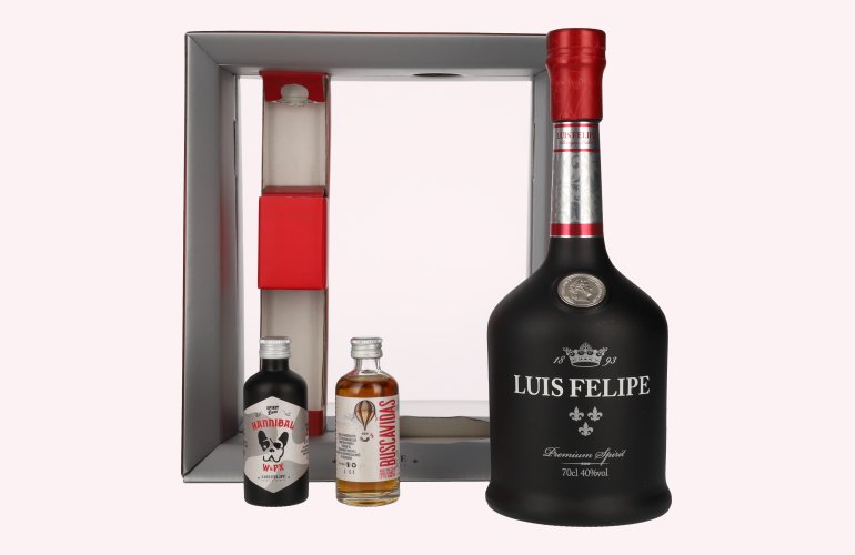 Luis Felipe Premium Brandy 39,7% Vol. 0,7l en boîte cadeau avec 2 Miniaturen 0,05l