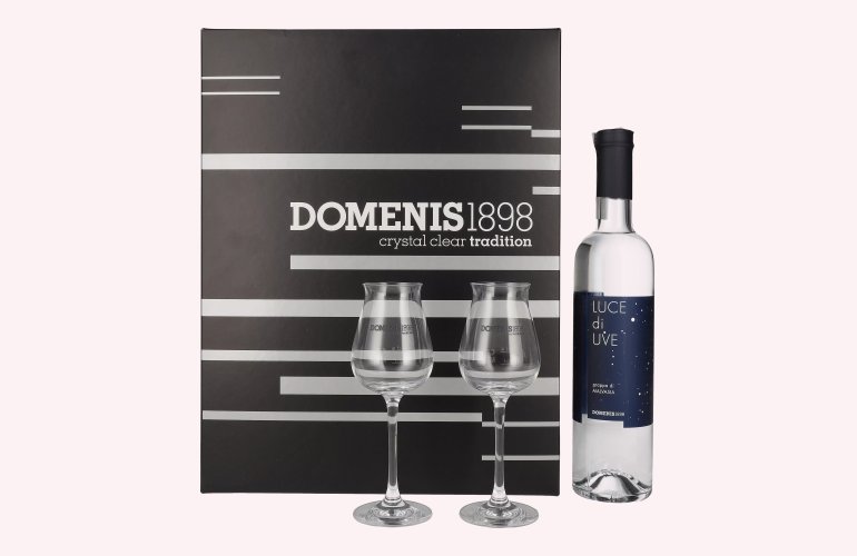 Domenis 1898 LUCE di UVE grappa di MALVASIA 38% Vol. 0,5l in geschenkverpakking met 2 Bril