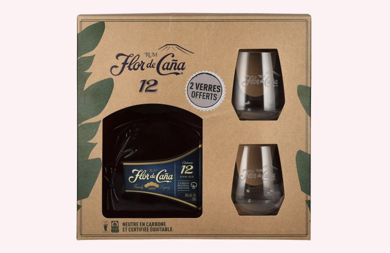 Flor de Caña Centenario 12 Years Old Rum 40% Vol. 0,7l en boîte cadeau avec 2 Verres