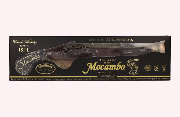 Mocambo Ron Añejo 10 Years Solera Limitada Edición Anniversario Buccanneer Pistol 40% Vol. 0,2l en boîte cadeau avec 2 Shotgläsern