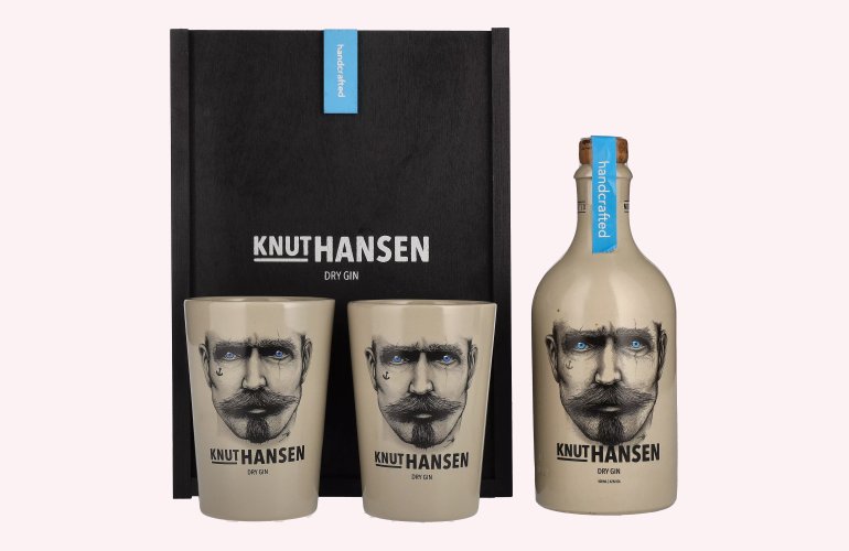 Knut Hansen Dry Gin 42% Vol. 0,5l in Holzkiste met 2 Keramiktassen