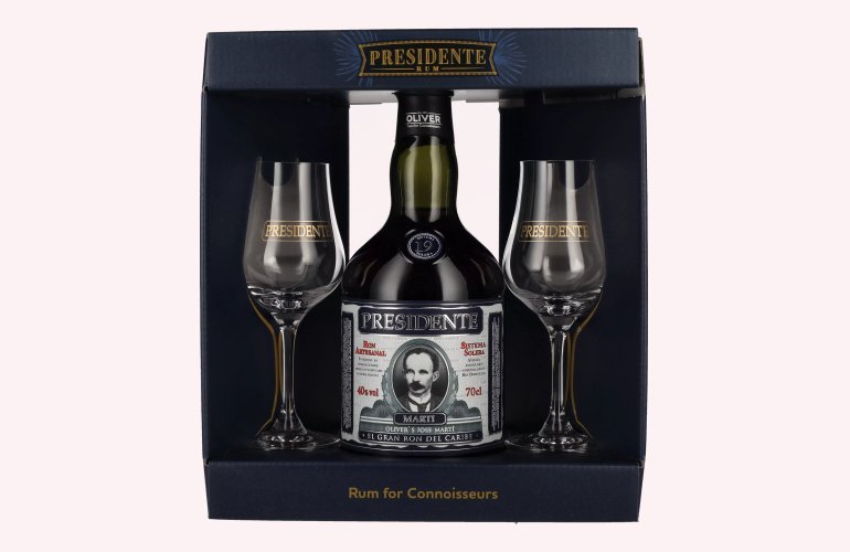 Presidente Marti 19 Sistema Solera 40% Vol. 0,7l en boîte cadeau avec 2 Verres