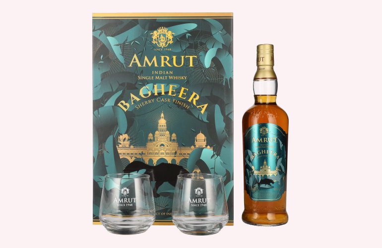 Amrut BAGHEERA Indian Single Malt Whisky Sherry Cask Finish 46% Vol. 0,7l in geschenkverpakking met 2 Bril