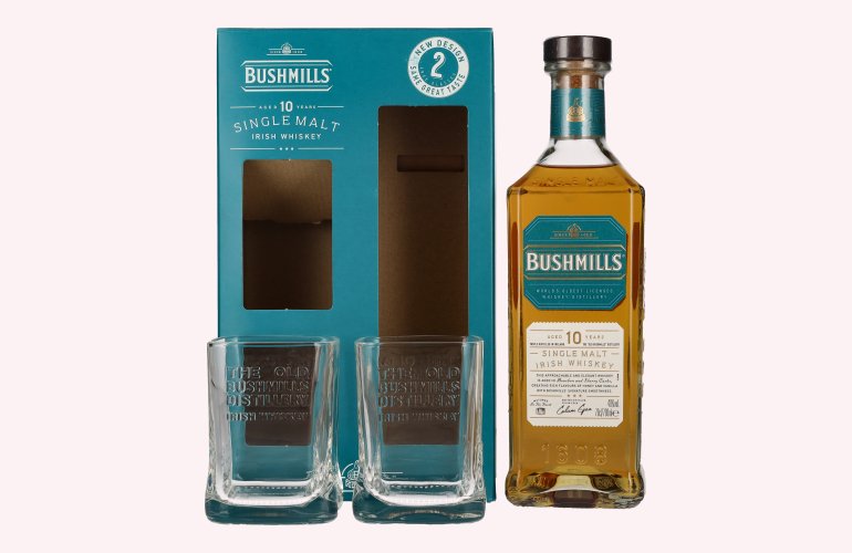 Bushmills 10 Years Old Single Malt Irish Whiskey 40% Vol. 0,7l in geschenkverpakking met 2 Bril