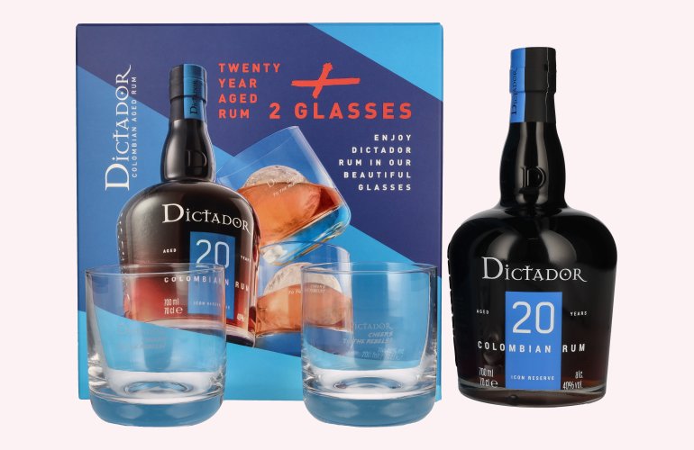 Dictador 20 Years Old ICON RESERVE Colombian Rum 40% Vol. 0,7l en boîte cadeau avec 2 Verres