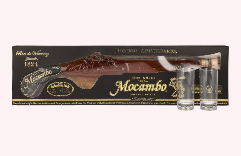 Mocambo Ron Añejo 10 Years Solera Limitada Edición Anniversario Buccaneer Pistol 38% Vol. 0,2l in Geschenkbox mit 2 Shotgläsern