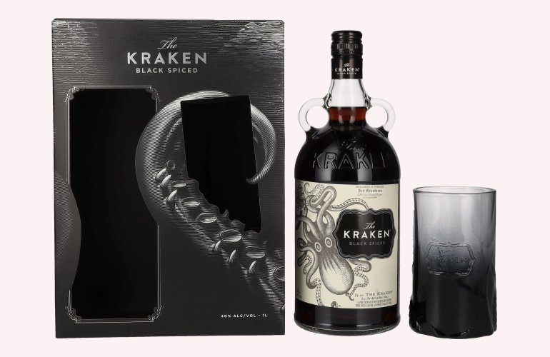 The Kraken Black Spiced 40% Vol. 1l in geschenkverpakking met Glas