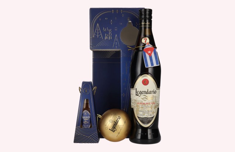 Legendario Elixir de Cuba Felices Fiestas 34,3% Vol. 0,7l in geschenkverpakking met 1 Miniatur 0,05l en Weihnachtskugel