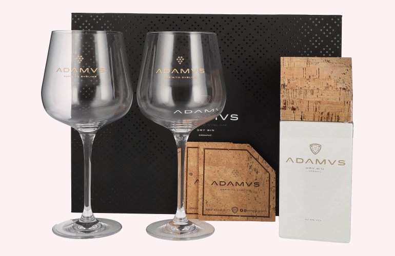 Adamus Dry Gin Organic Limited Edition 2020 44,4% Vol. 0,7l en boîte cadeau avec 2 Verres & Kork Untersetzer