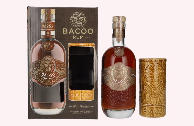 Bacoo 11 Years Old Rum 40% Vol. 0,7l en boîte cadeau avec Tiki Mug