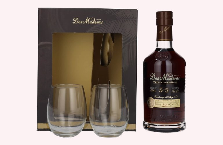 Dos Maderas PX 5+5 Years Old Aged Rum 40% Vol. 0,7l en boîte cadeau avec 2 Verres