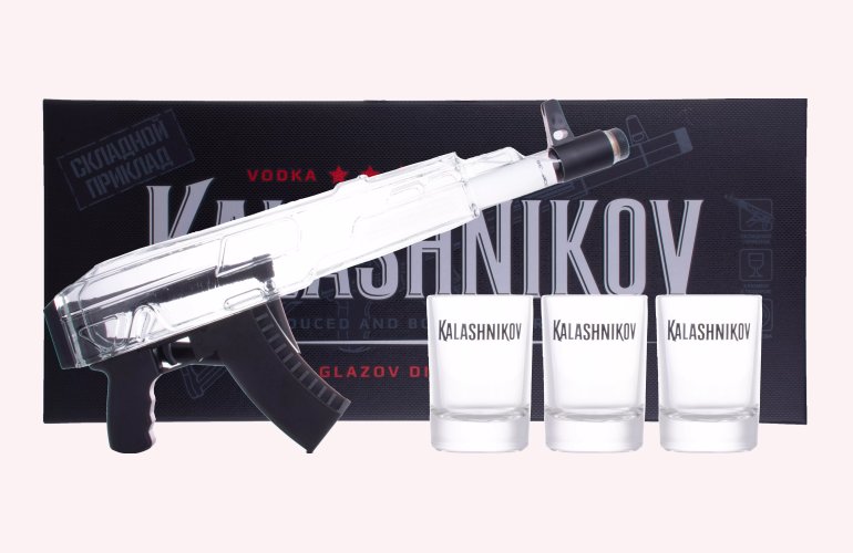 Kalashnikov Original Vodka Machine Gun Classic Box 40% Vol. 0,7l en boîte cadeau avec 3 Verres