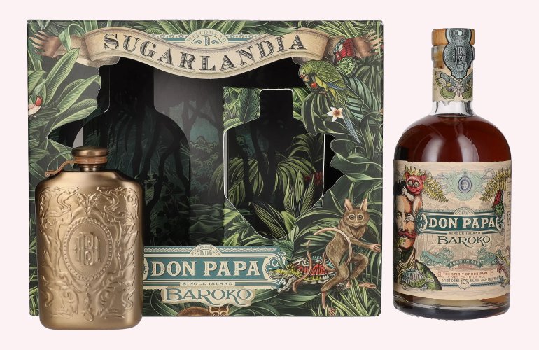 Don Papa BAROKO 40% Vol. 0,7l en boîte cadeau avec Hip Flask