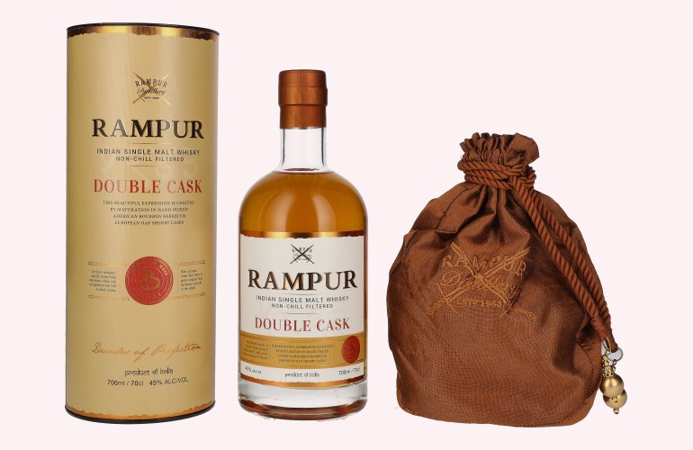 Rampur DOUBLE CASK Indian Single Malt Whisky 45% Vol. 0,7l in geschenkverpakking met Säckchen