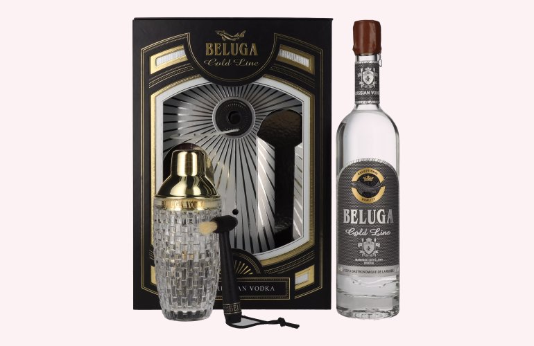 Beluga Gold Line Noble Russian Vodka 40% Vol. 0,7l en boîte cadeau avec Pinsel et Shaker