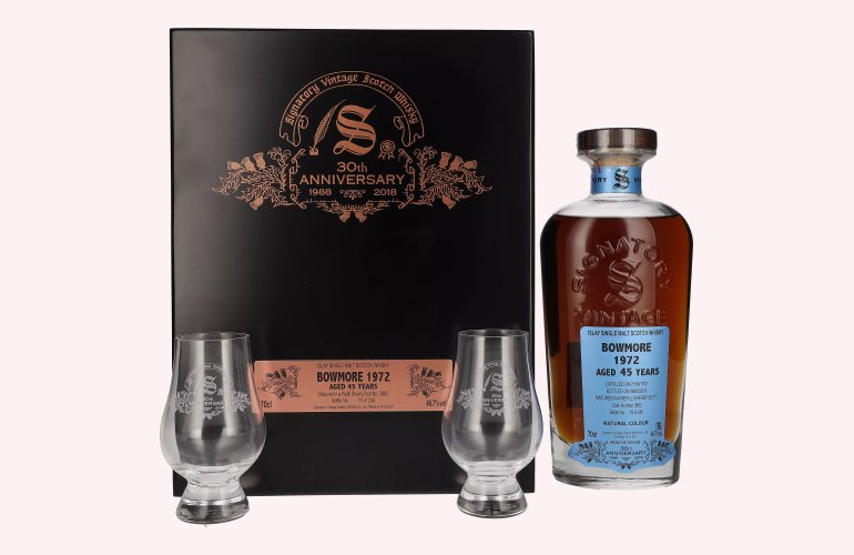 Signatory Vintage BOWMORE 45 Years Old 30th ANNIVERSARY 1972 46,7% Vol. 0,7l in Holzkiste met 2 Bril