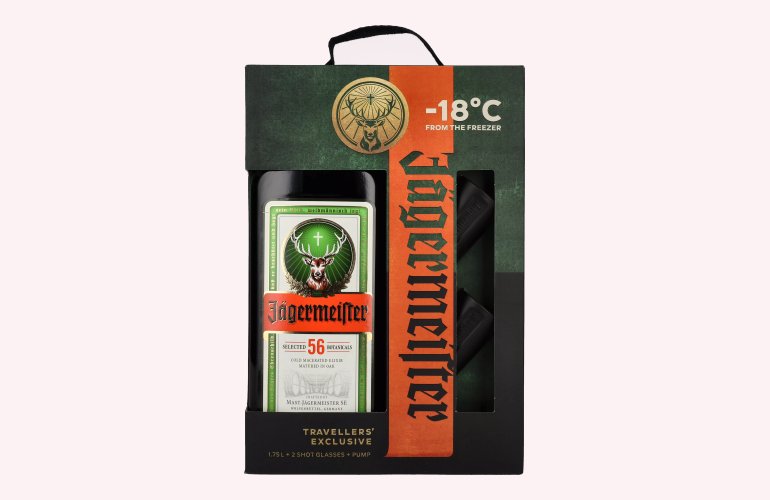 Jägermeister TRAVELLERS' EXCLUSIVE 35% Vol. 1,75l in geschenkverpakking met 2 Shotgläsern en Dosierpumpe