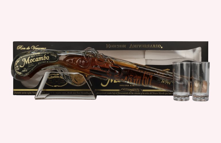 Mocambo Ron Añejo 10 Years Solera Limitada Edición Anniversario Buccaneer Pistol 40% Vol. 0,2l in geschenkverpakking met 2 Shotgläsern