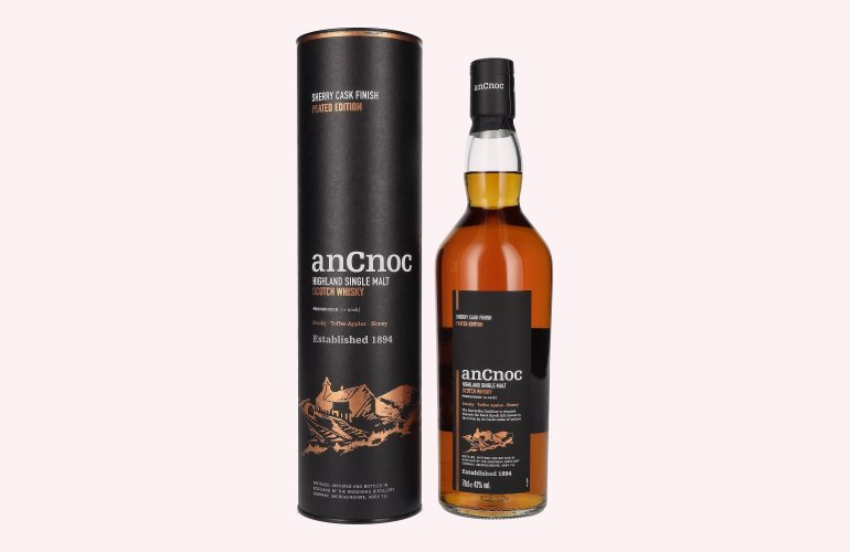 AnCnoc Highland Single Malt Scotch Whisky Sherry Cask Finish Peated Edition 43% Vol. 0,7l en boîte cadeau